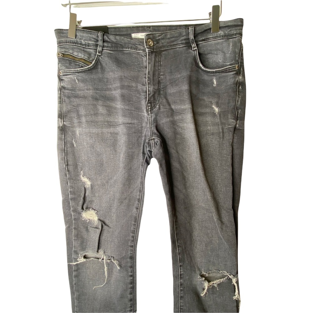Zara Trafaluc Denimwear Black Grey Distressed Stretch Jeans Raw Hem Size 10 - Picture 3 of 8